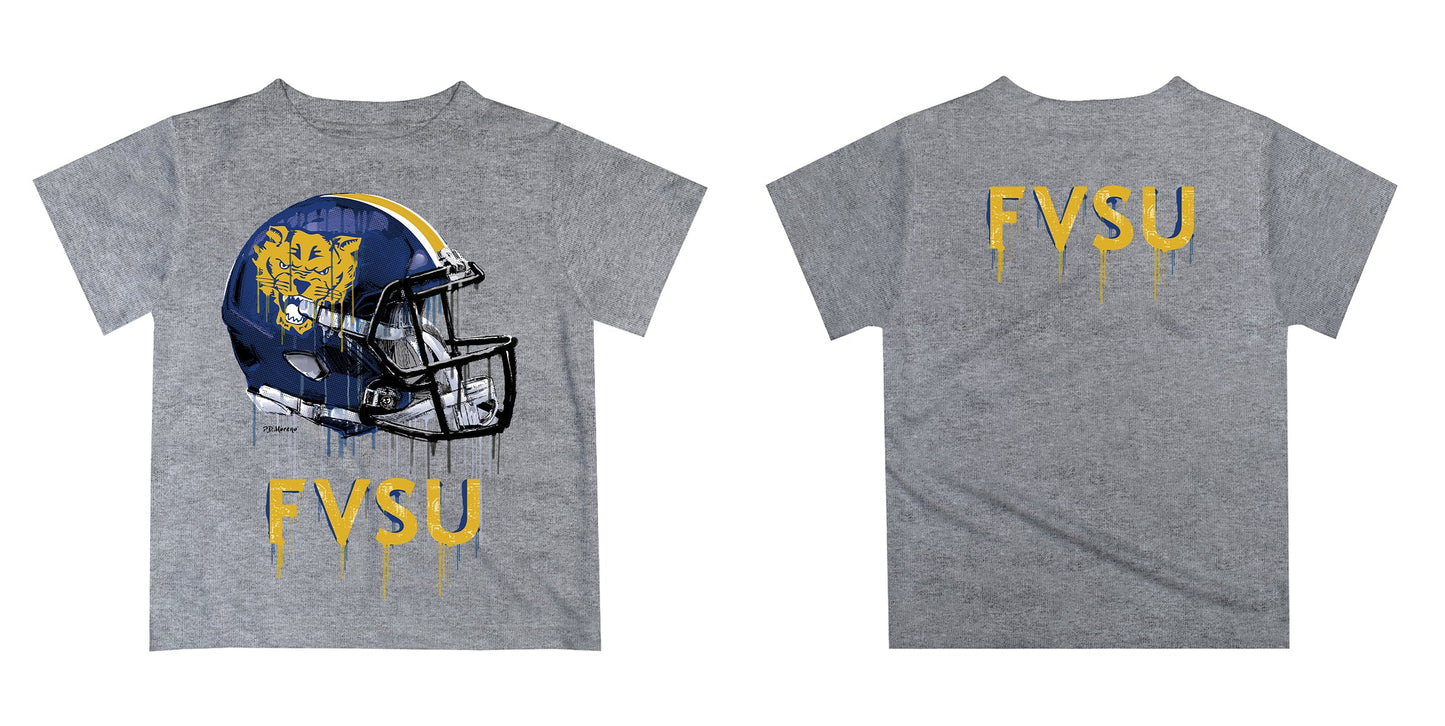 Fort Valley State Wildcats FVSU Original Dripping Football Helmet Heather Gray T-Shirt by Vive La Fete