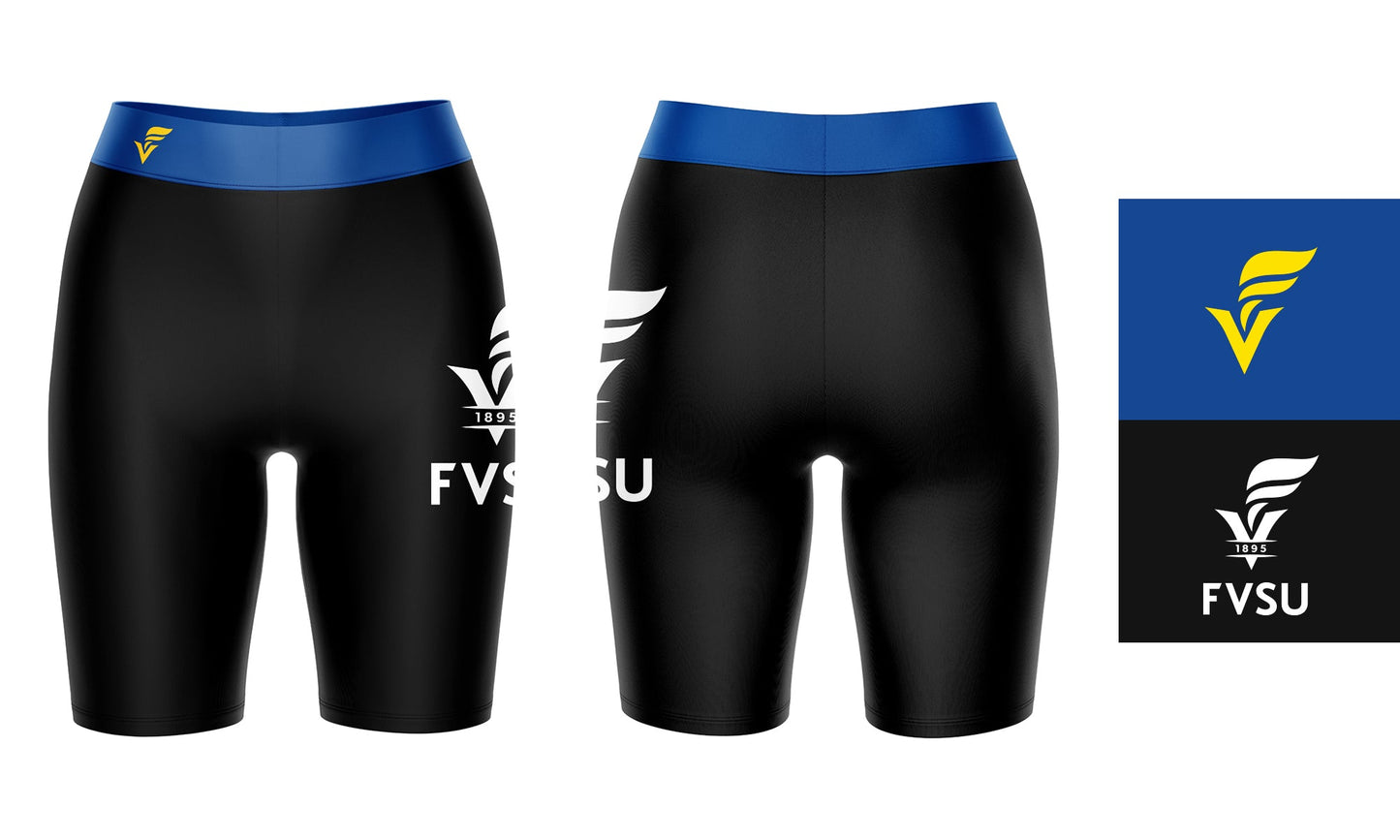 Fort Valley State Wildcats FVSU Vive La Fete Logo on Thigh and Waistband Black and Blue Women Bike Short 9 Inseam