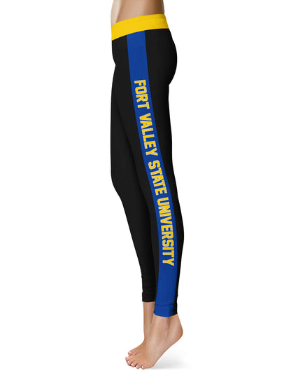 Fort Valley State Wildcats FVSU Vive La Fete Game Day Collegiate Blue Stripes Women Black Yoga Leggings 2 Waist Tights