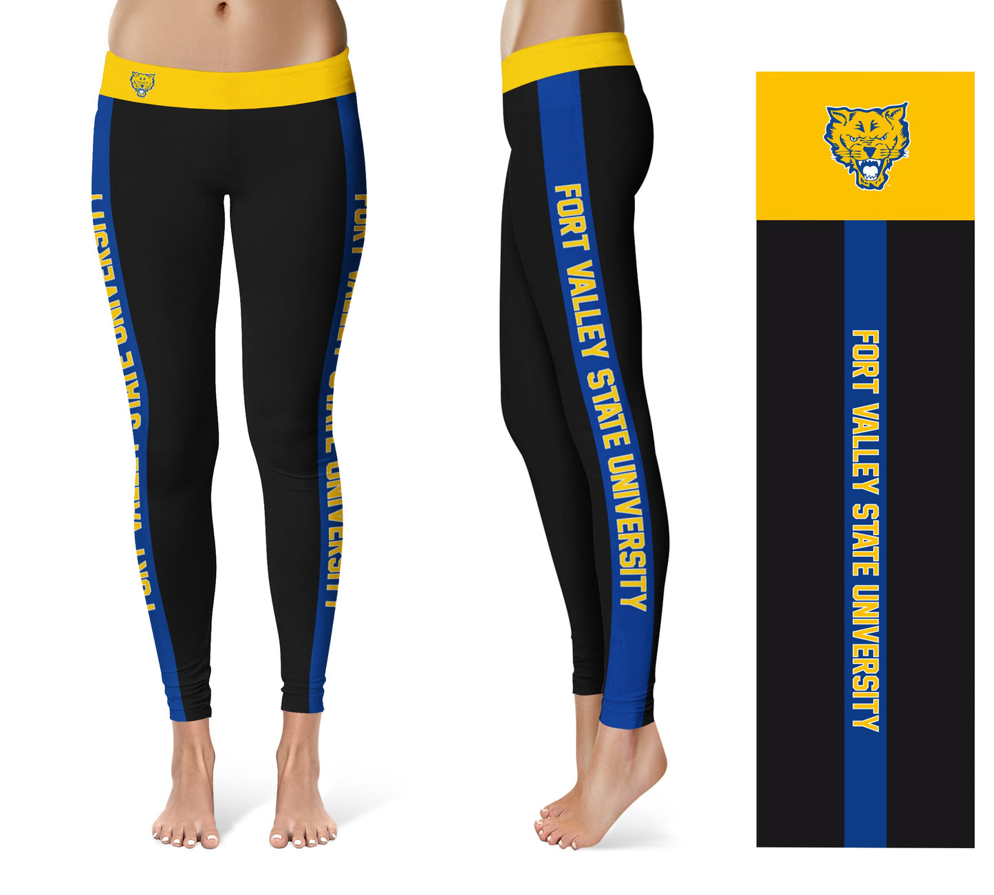 Fort Valley State Wildcats FVSU Vive La Fete Game Day Collegiate Blue Stripes Women Black Yoga Leggings 2 Waist Tights