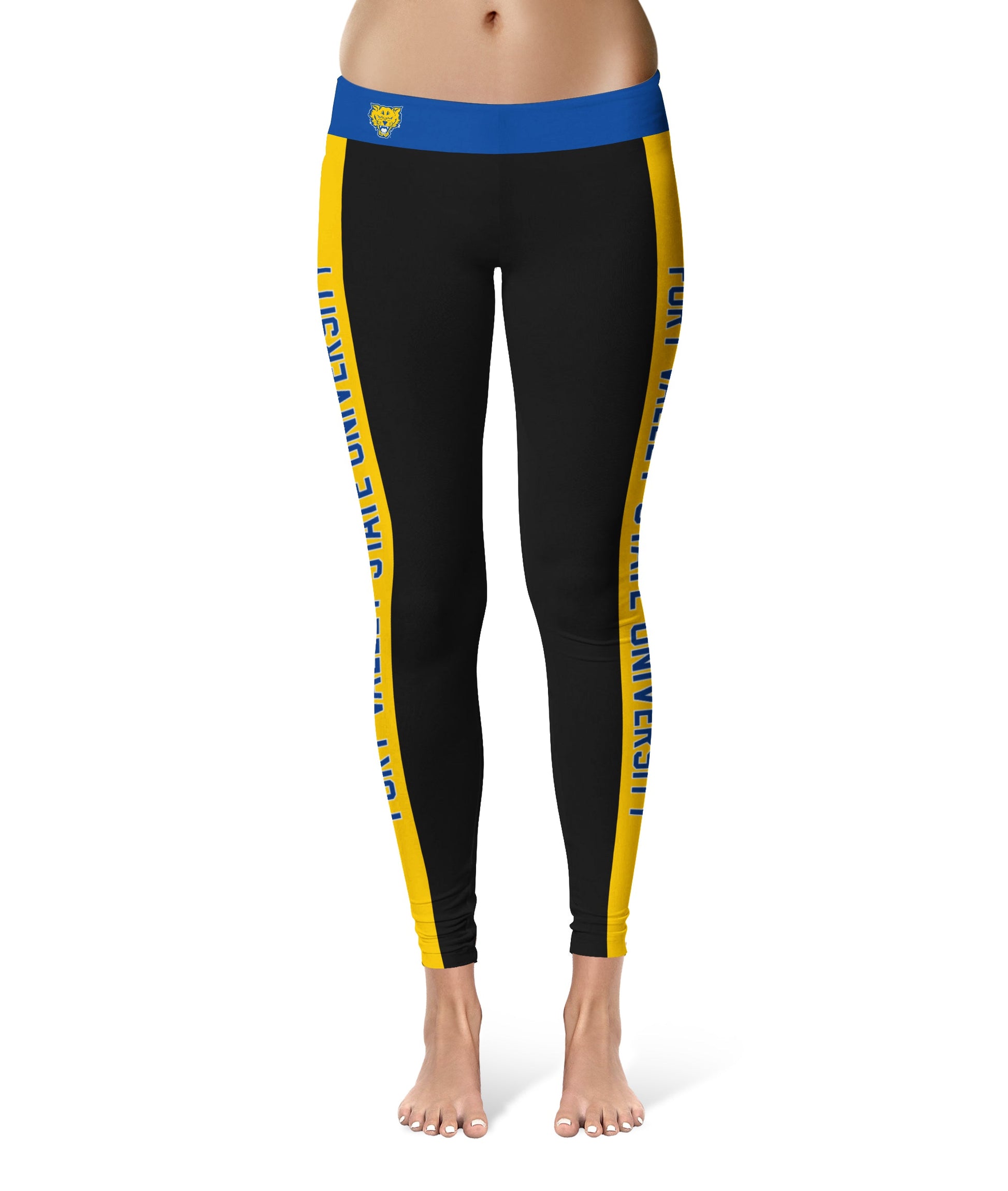 Fort Valley State Wildcats FVSU Vive La Fete Game Day Collegiate Gold Stripes Women Black Yoga Leggings 2 Waist Tights