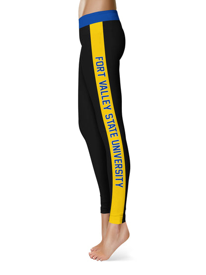 Fort Valley State Wildcats FVSU Vive La Fete Game Day Collegiate Gold Stripes Women Black Yoga Leggings 2 Waist Tights