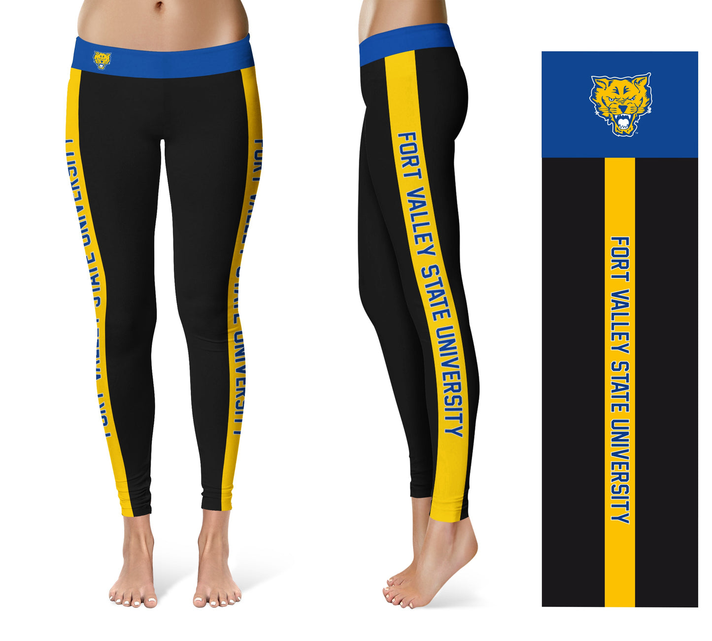 Fort Valley State Wildcats FVSU Vive La Fete Game Day Collegiate Gold Stripes Women Black Yoga Leggings 2 Waist Tights