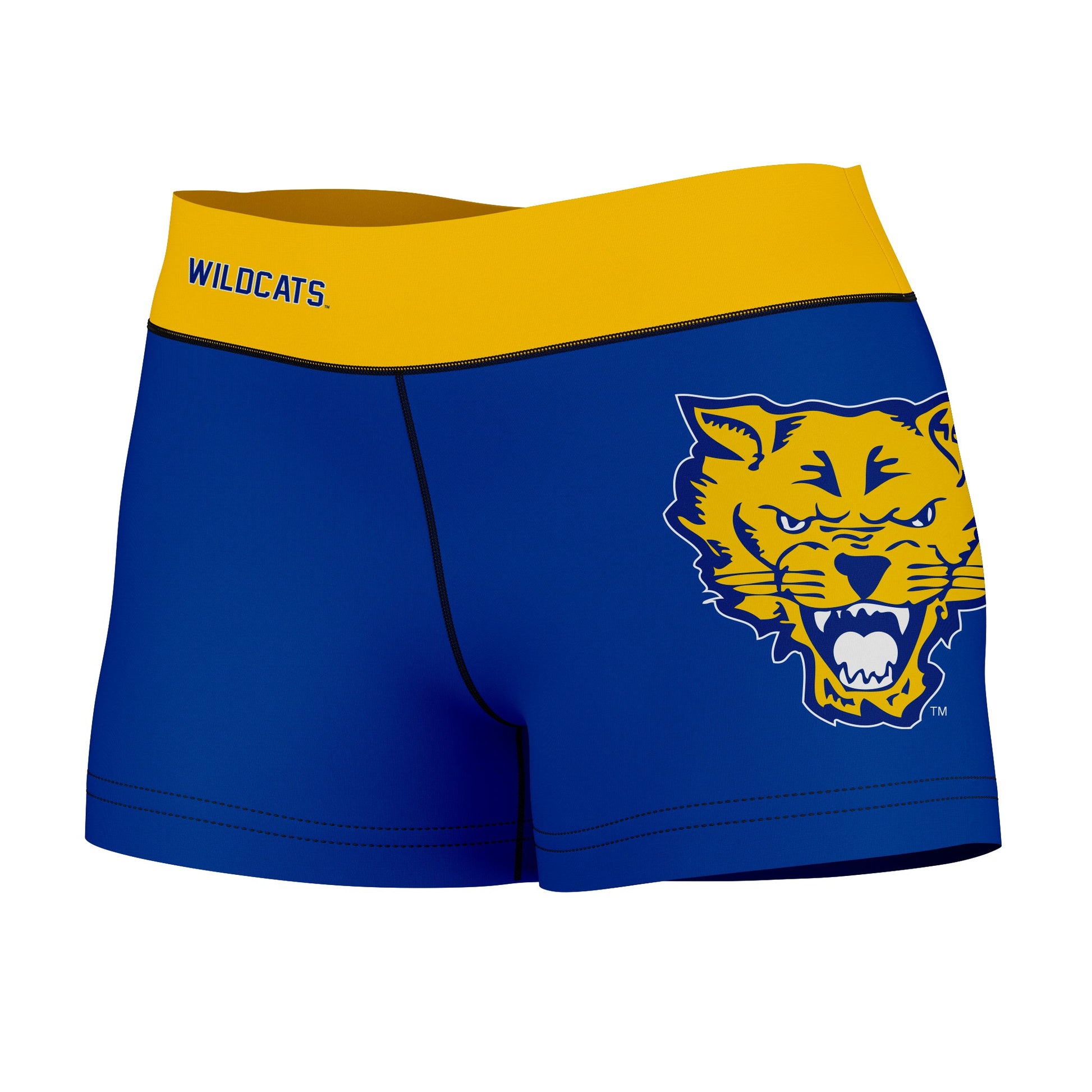 Fort Valley State Wildcats FVSU Logo on Thigh & Waistband  Blue Gold Women Yoga Booty Workout Shorts 3.75 Inseam - Vive La F̻te - Online Apparel Store