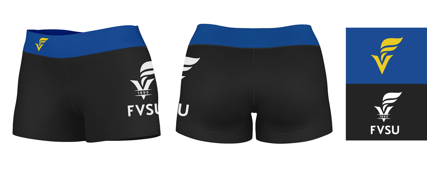 Fort Valley State Wildcats FVSU Logo on Thigh & Waistband Black & Blue Women Yoga Booty Workout Shorts 3.75 Inseam - Vive La F̻te - Online Apparel Store