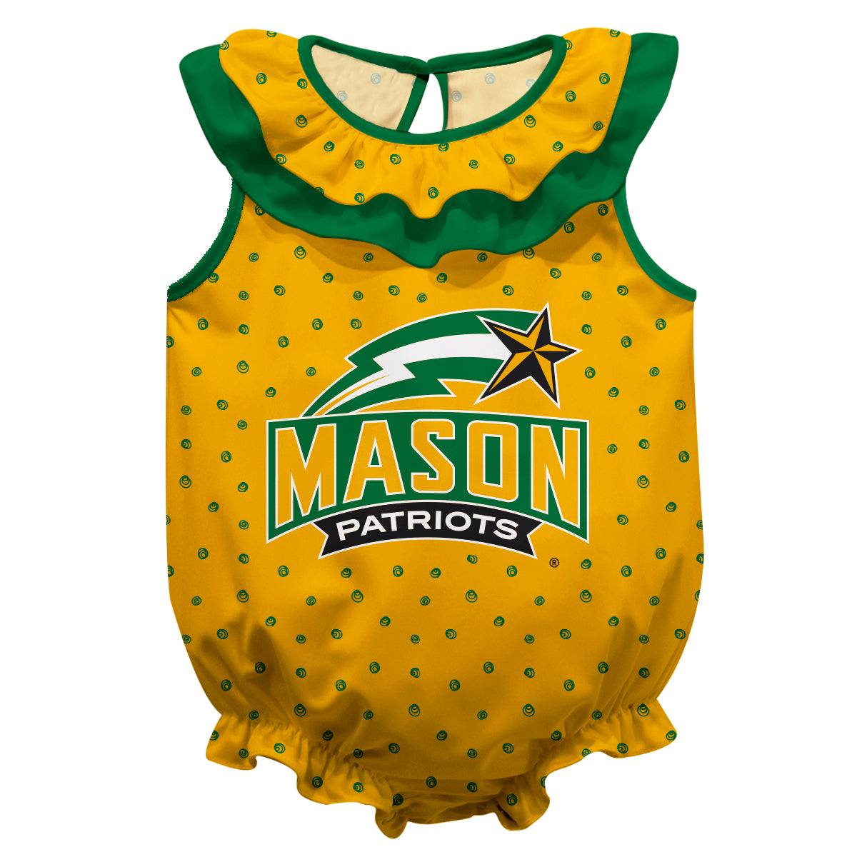 George Mason Patriots Swirls Gold Sleeveless Ruffle One Piece Jumpsuit Logo Bodysuit by Vive La Fete