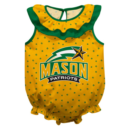 George Mason Patriots Swirls Gold Sleeveless Ruffle One Piece Jumpsuit Logo Bodysuit by Vive La Fete