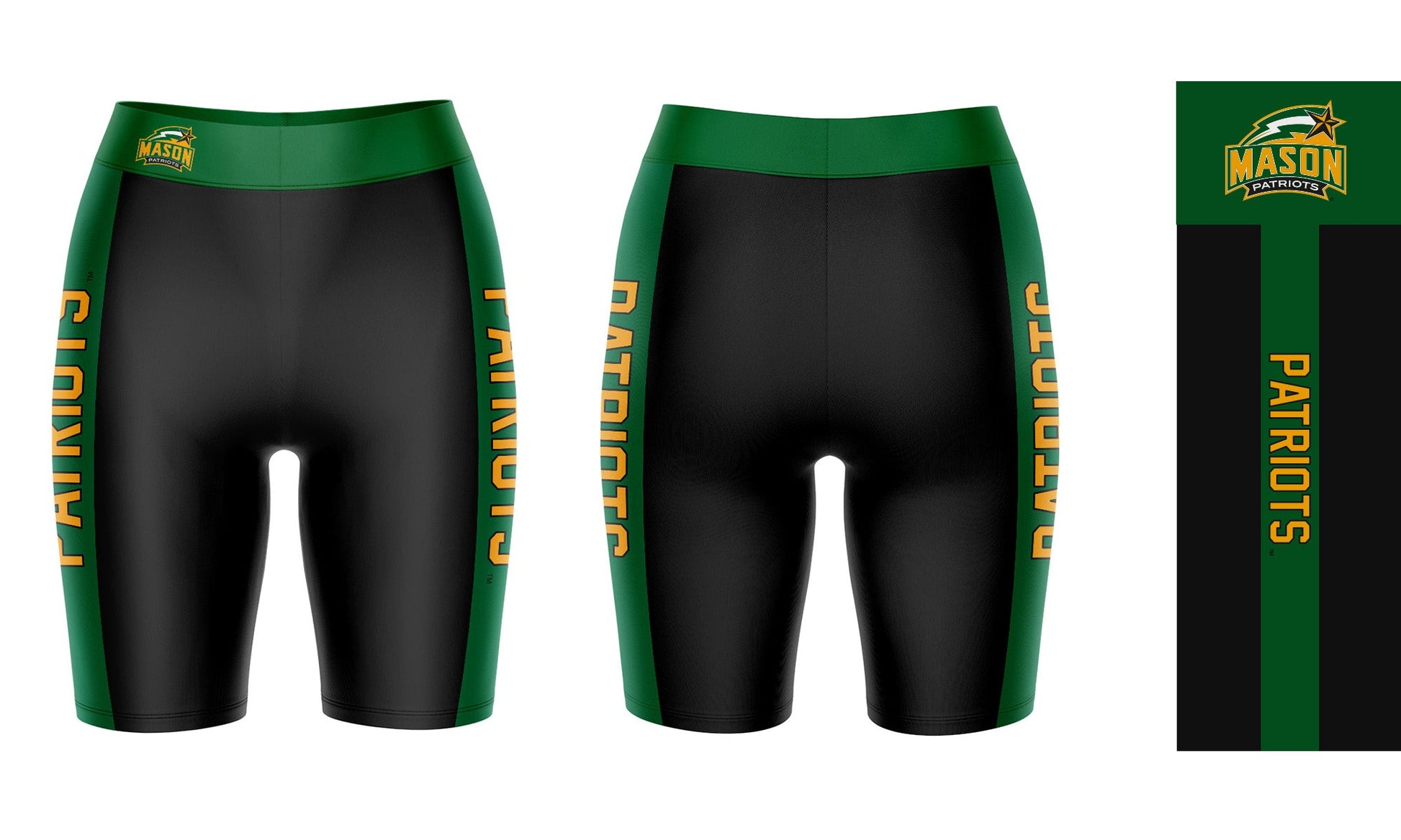 George Mason Patriots Vive La Fete Game Day Logo on Waistband and Green Stripes Black Women Bike Short 9 Inseam"