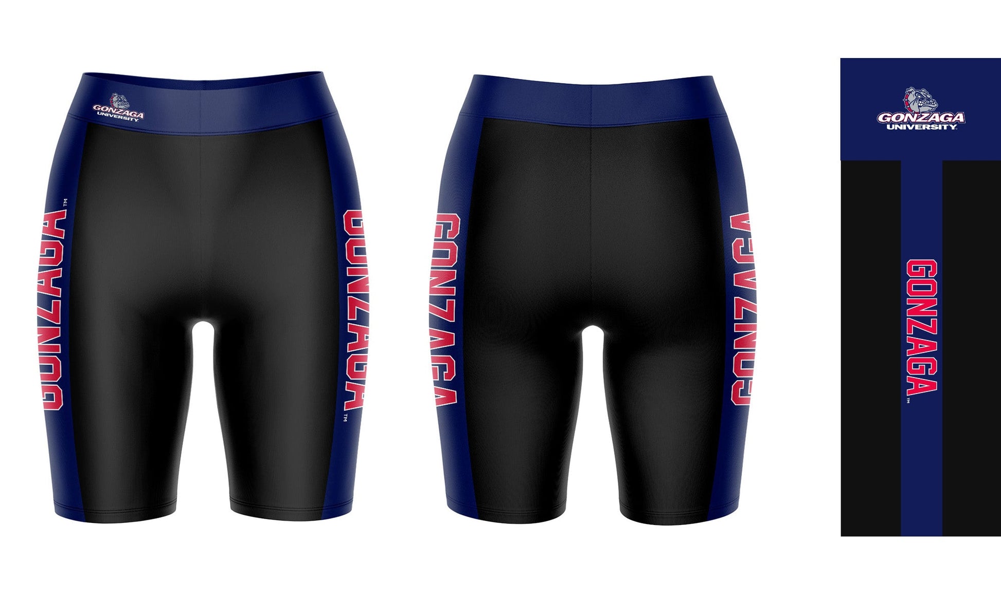 Gonzaga Bulldogs Zags GU Vive La Fete Game Day Logo on Waistband and Navy Stripes Black Women Bike Short 9 Inseam