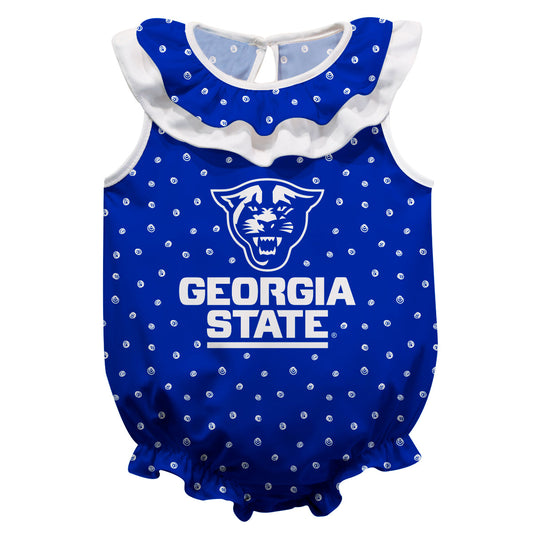 Georgia State Panthers Swirls Blue Sleeveless Ruffle One Piece Jumpsuit Logo Bodysuit by Vive La Fete
