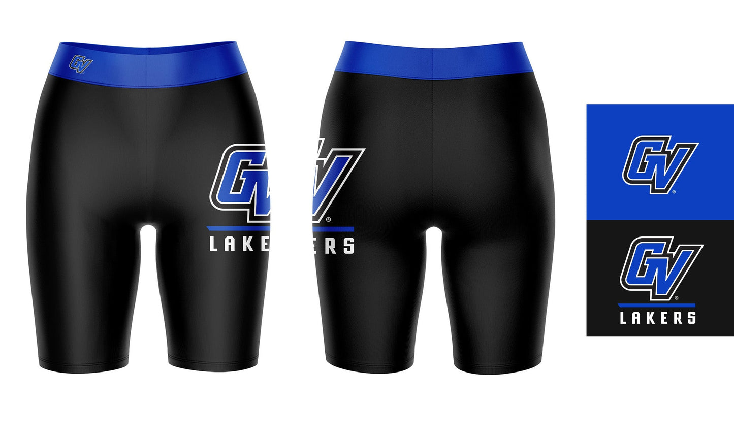 GVSU Lakers Vive La Fete Game Day Logo on Thigh and Waistband Black and Blue Women Bike Short 9 Inseam"