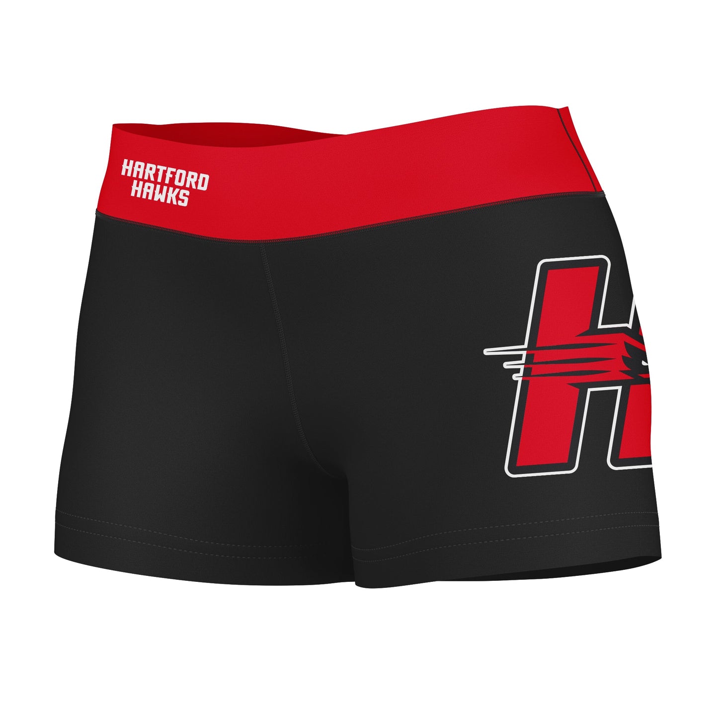 Hartford Hawks Vive La Fete Logo on Thigh & Waistband Black & Red Women Yoga Booty Workout Shorts 3.75 Inseam