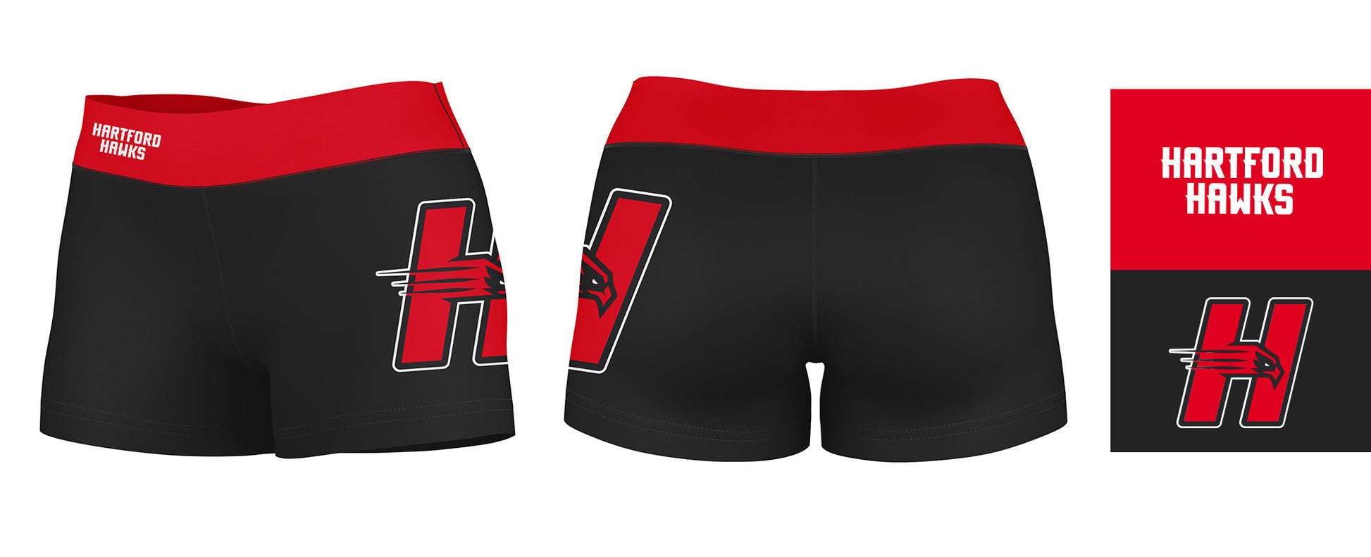 Hartford Hawks Vive La Fete Logo on Thigh & Waistband Black & Red Women Yoga Booty Workout Shorts 3.75 Inseam - Vive La F̻te - Online Apparel Store