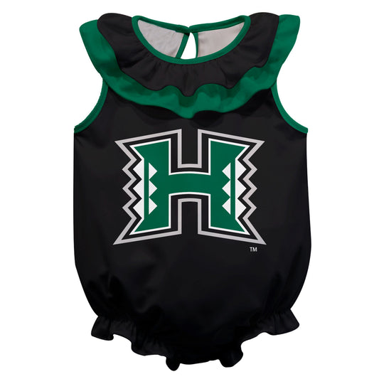 Hawaii Rainbow Warriors Black Sleeveless Ruffle One Piece Jumpsuit Logo Bodysuit by Vive La Fete