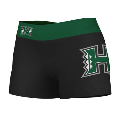 Hawaii Warriors Vive La Fete Logo on Thigh & Waistband Black & Green Women Yoga Booty Workout Shorts 3.75 Inseam"