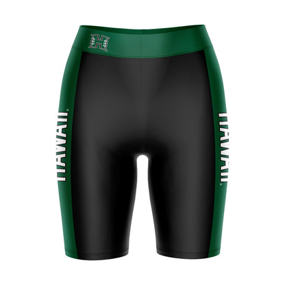 Hawaii Warriors Vive La Fete Game Day Logo on Waistband and Green Stripes Black Women Bike Short 9 Inseam