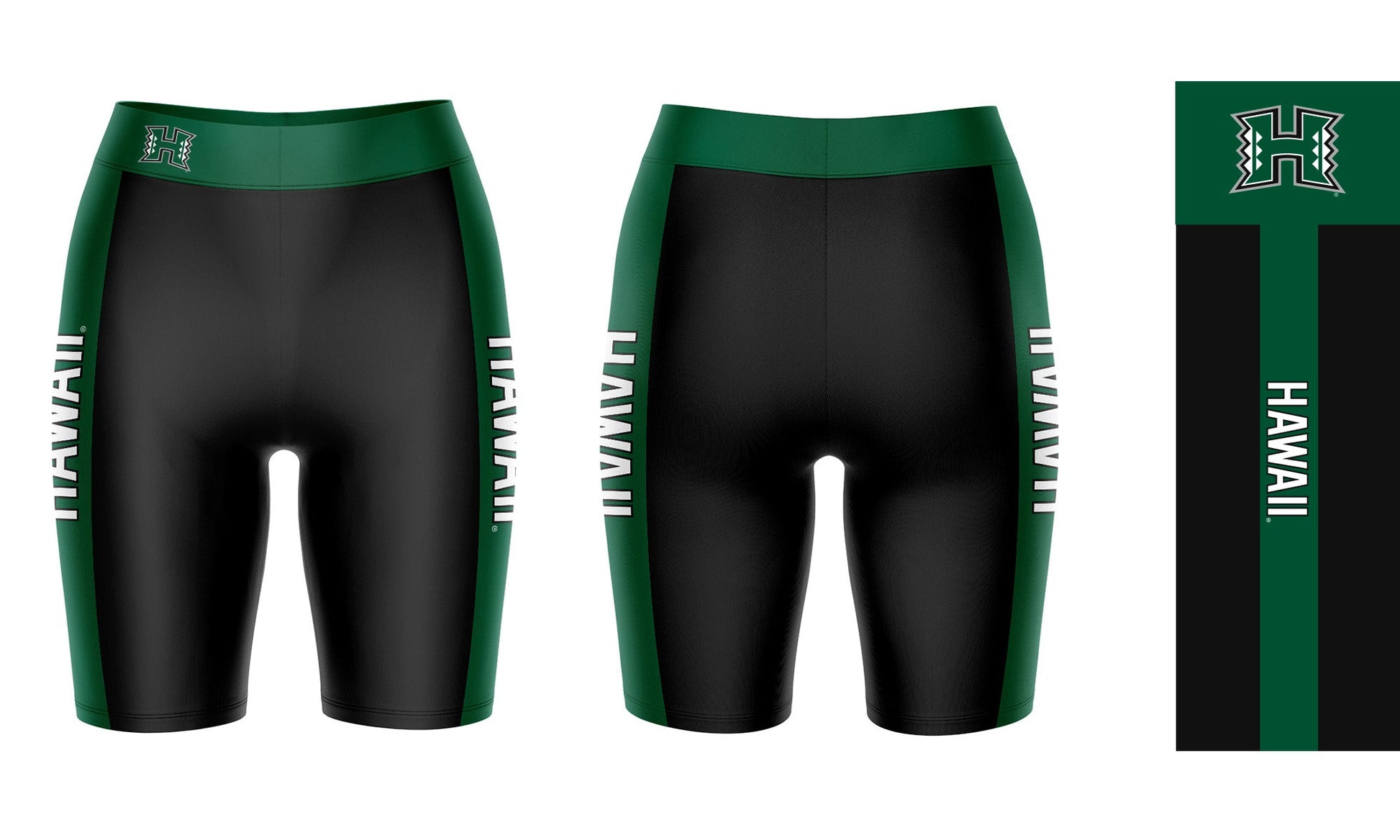 Hawaii Warriors Vive La Fete Game Day Logo on Waistband and Green Stripes Black Women Bike Short 9 Inseam