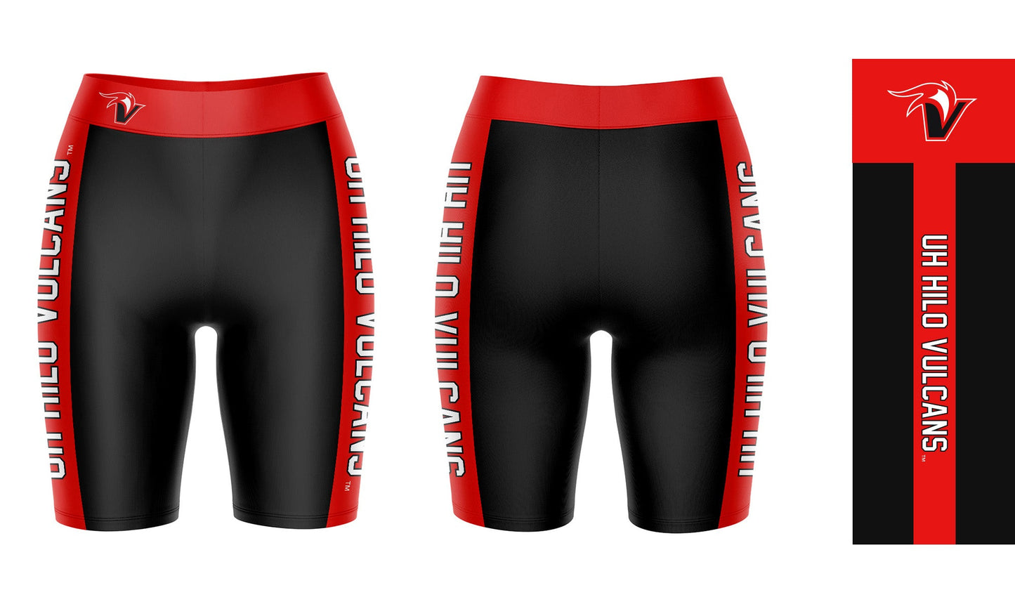 Hawaii Hilo Vulcans Vive La Fete Game Day Logo on Waistband and Red Stripes Black Women Bike Short 9 Inseam