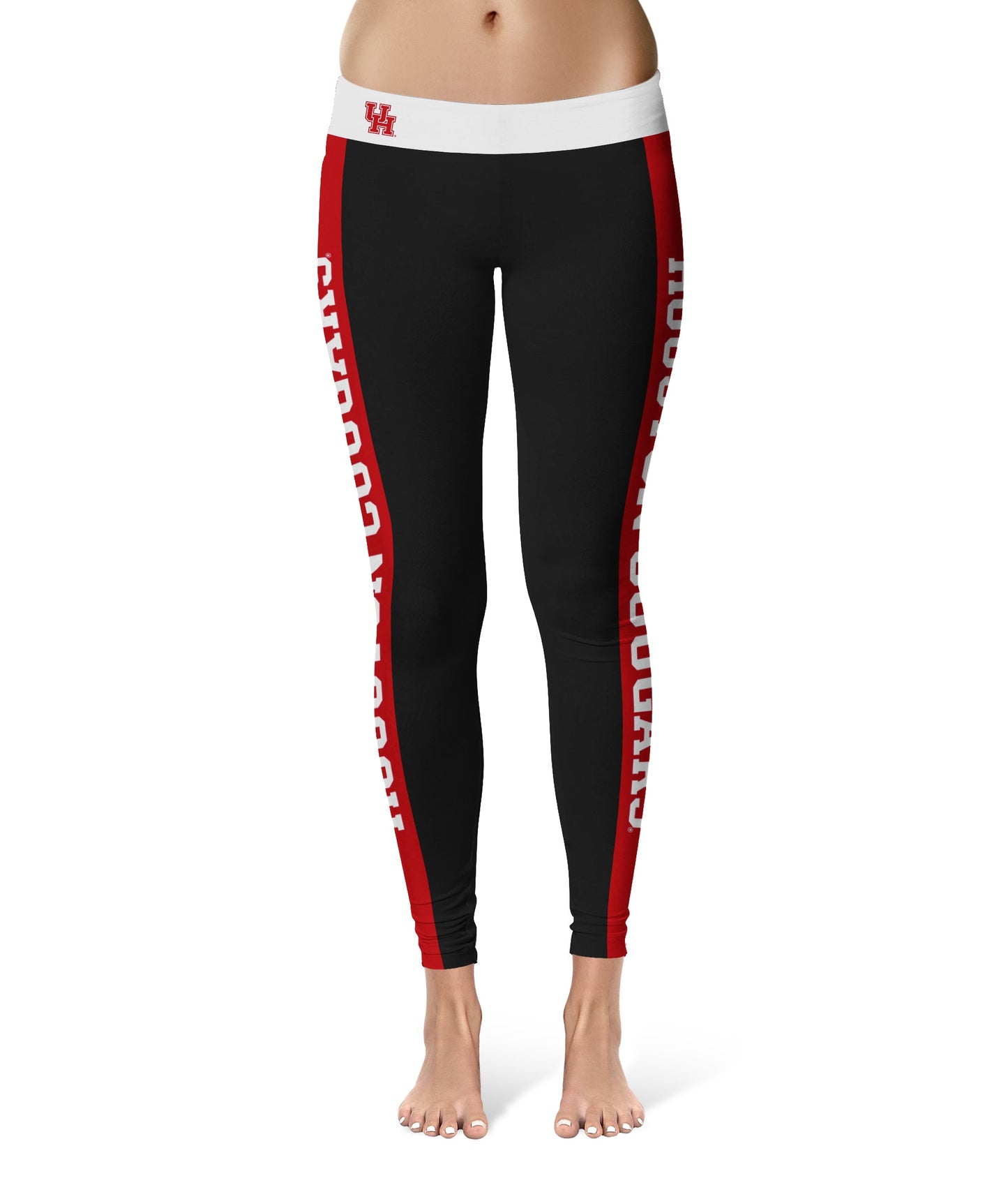 University of Houston Cougars Vive La Fete Game Day Collegiate Red Stripes Women Black Yoga Leggings 2 Waist Tights