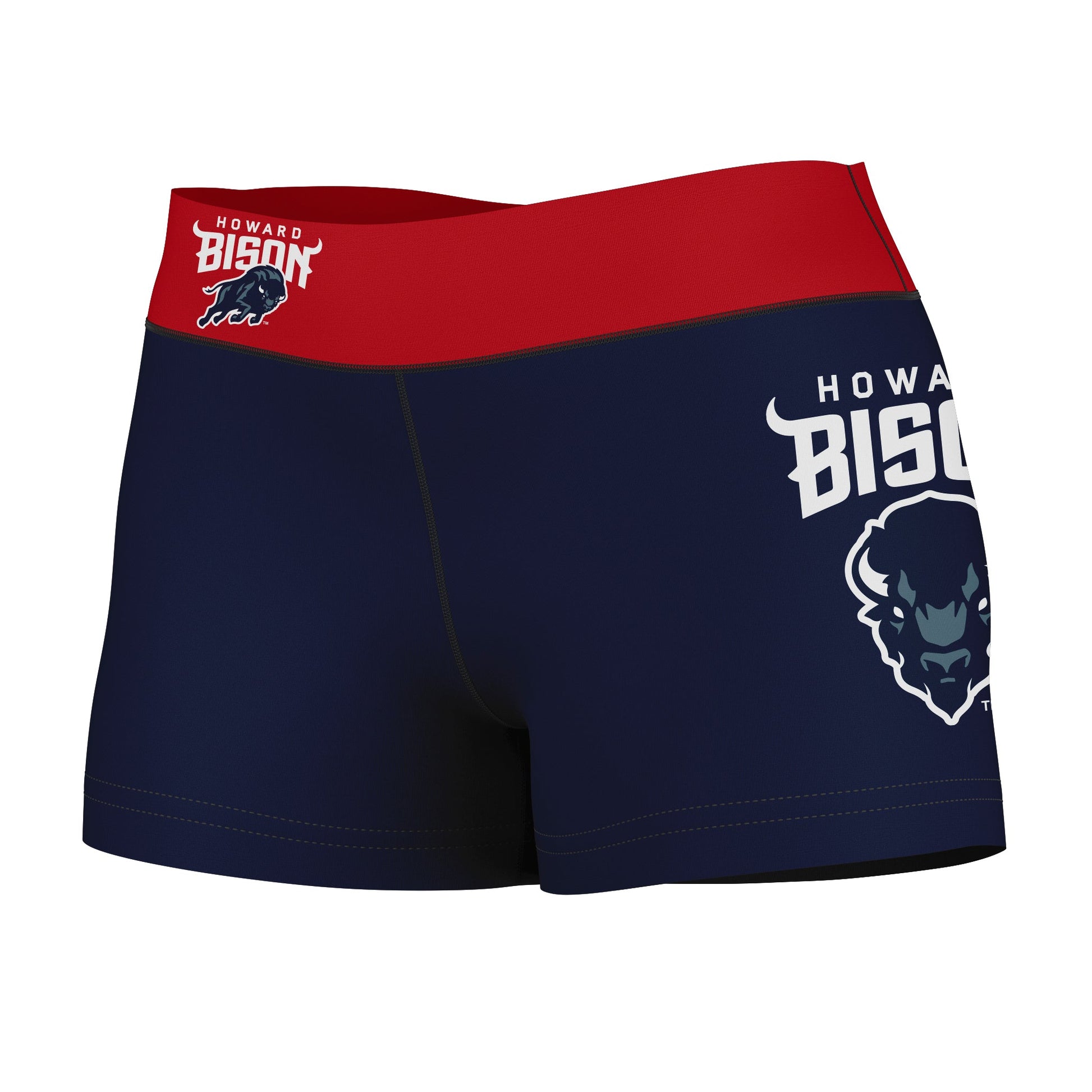 Howard Bison Vive La Fete Logo on Thigh & Waistband Blue Red Women Yoga Booty Workout Shorts 3.75 Inseam