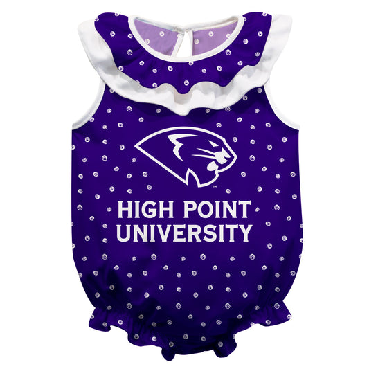 High Point University Panthers HPU Swirls Purple Sleeveless Ruffle One Piece Jumpsuit Logo Bodysuit by Vive La Fete