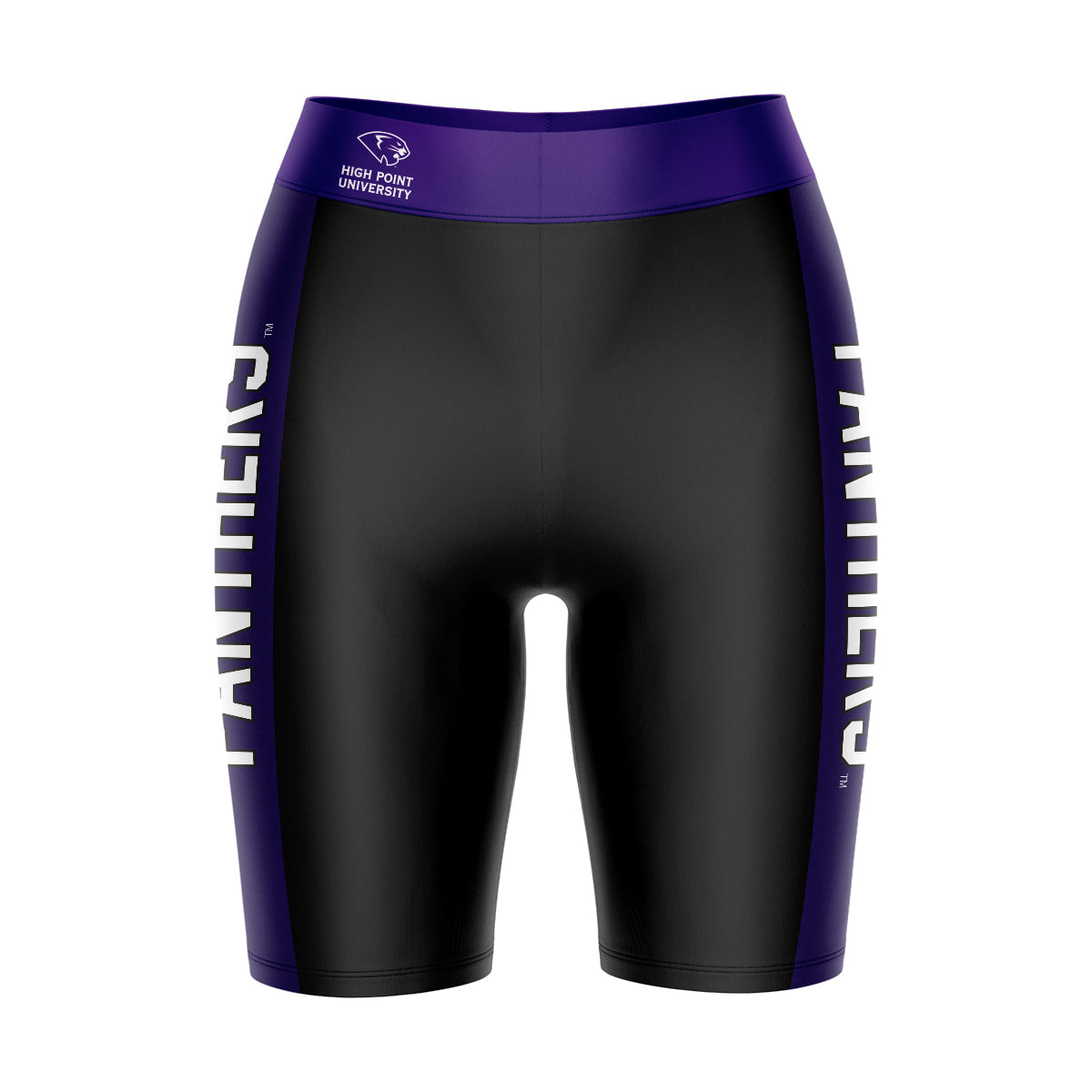 High Point University Panthers Vive La Fete Game Day Logo on Waistband & Purple Stripes Black Women Bike Short 9 Inseam"