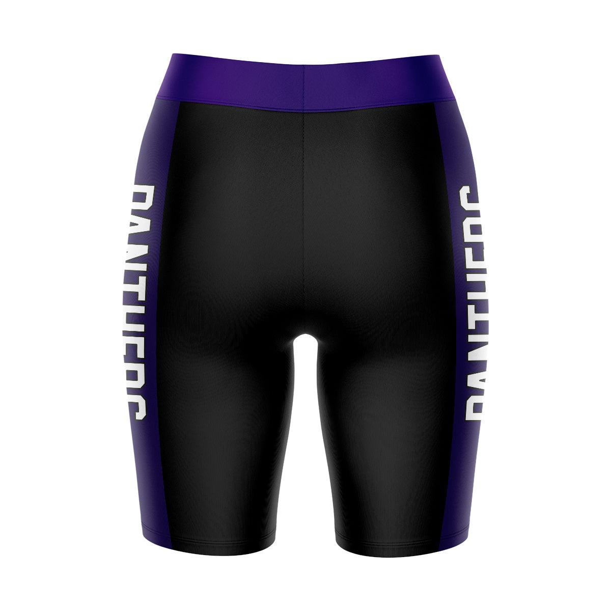 High Point University Panthers Vive La Fete Game Day Logo on Waistband & Purple Stripes Black Women Bike Short 9 Inseam"