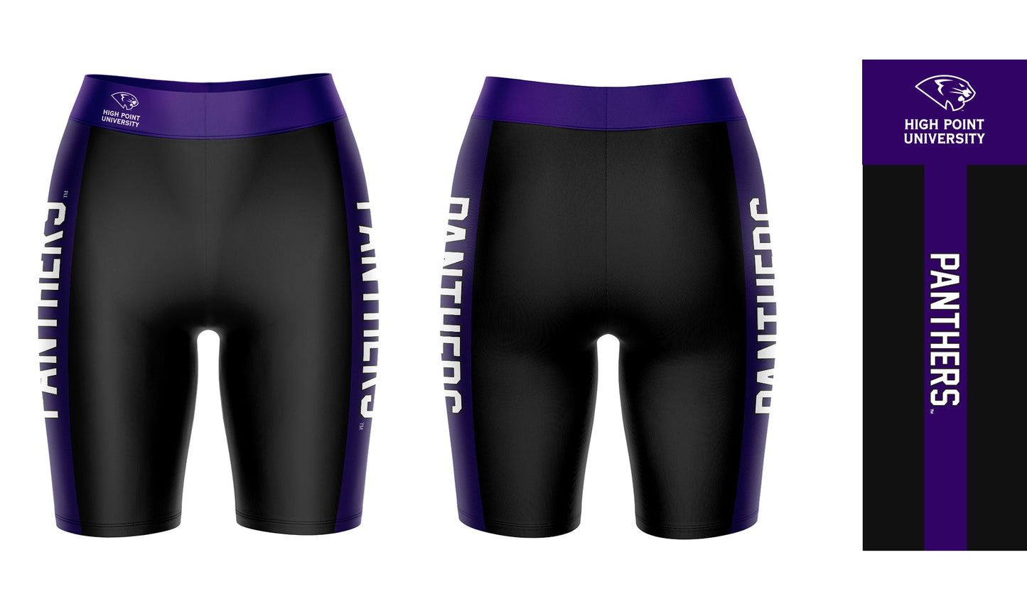 High Point University Panthers Vive La Fete Game Day Logo on Waistband & Purple Stripes Black Women Bike Short 9 Inseam"
