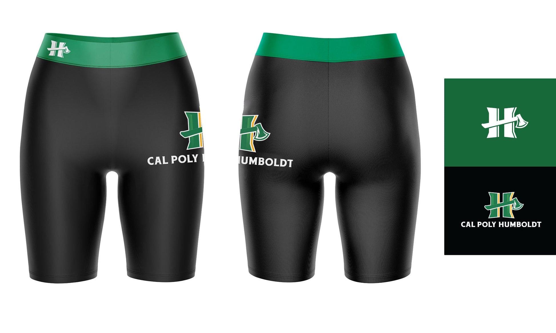 Cal Poly Humboldt Lumberjacks Vive La Fete Game Day Logo on Thigh and Waistband Black & Green Women Bike Short 9 Inseam