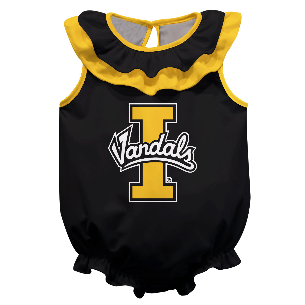 Idaho Vandals Black Sleeveless Ruffle One Piece Jumpsuit Mascot Bodysuit by Vive La Fete