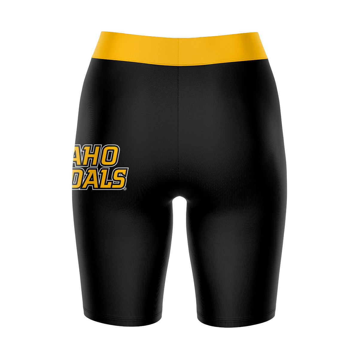 Idaho Vandals Vive La Fete Game Day Logo on Thigh and Waistband Black and Gold Women Bike Short 9 Inseam"