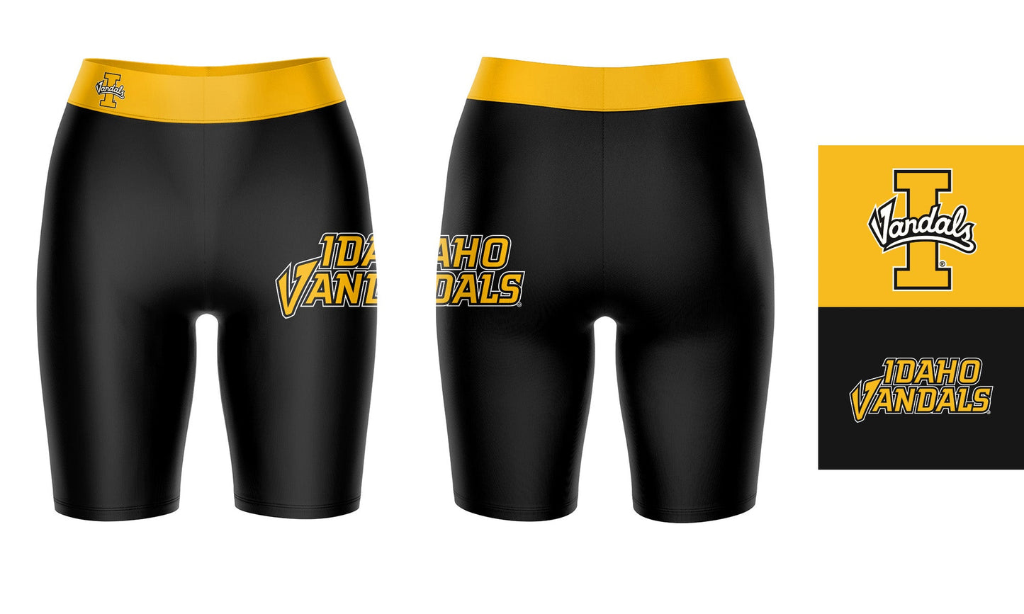 Idaho Vandals Vive La Fete Game Day Logo on Thigh and Waistband Black and Gold Women Bike Short 9 Inseam"