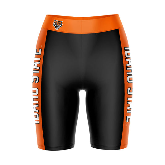Idaho State Bengals ISU Vive La Fete Game Day Logo on Waistband and Orange Stripes Black Women Bike Short 9 Inseam