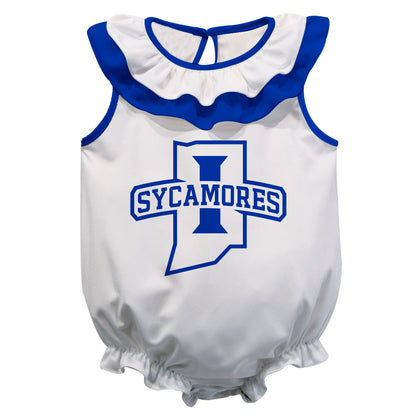 Indiana State Sycamores White Sleeveless Ruffle One Piece Jumpsuit Logo Bodysuit by Vive La Fete