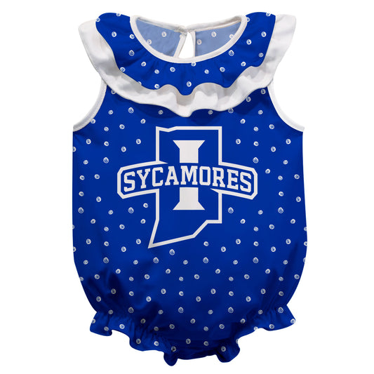 Indiana State Sycamores Swirls Blue Sleeveless Ruffle One Piece Jumpsuit Logo Bodysuit by Vive La Fete