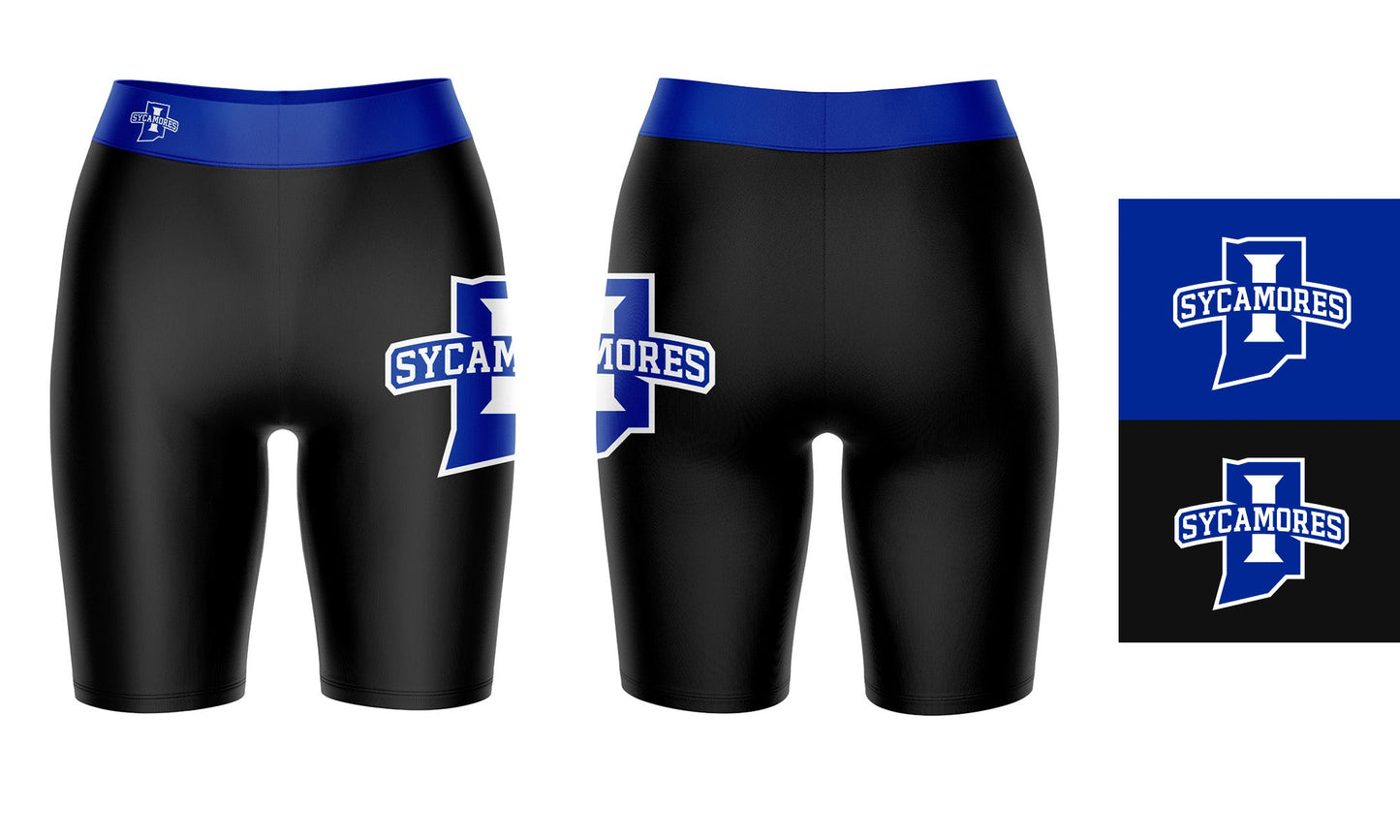 Indiana State Sycamores Vive La Fete Game Day Logo on Thigh and Waistband Black and Blue Women Bike Short 9 Inseam"