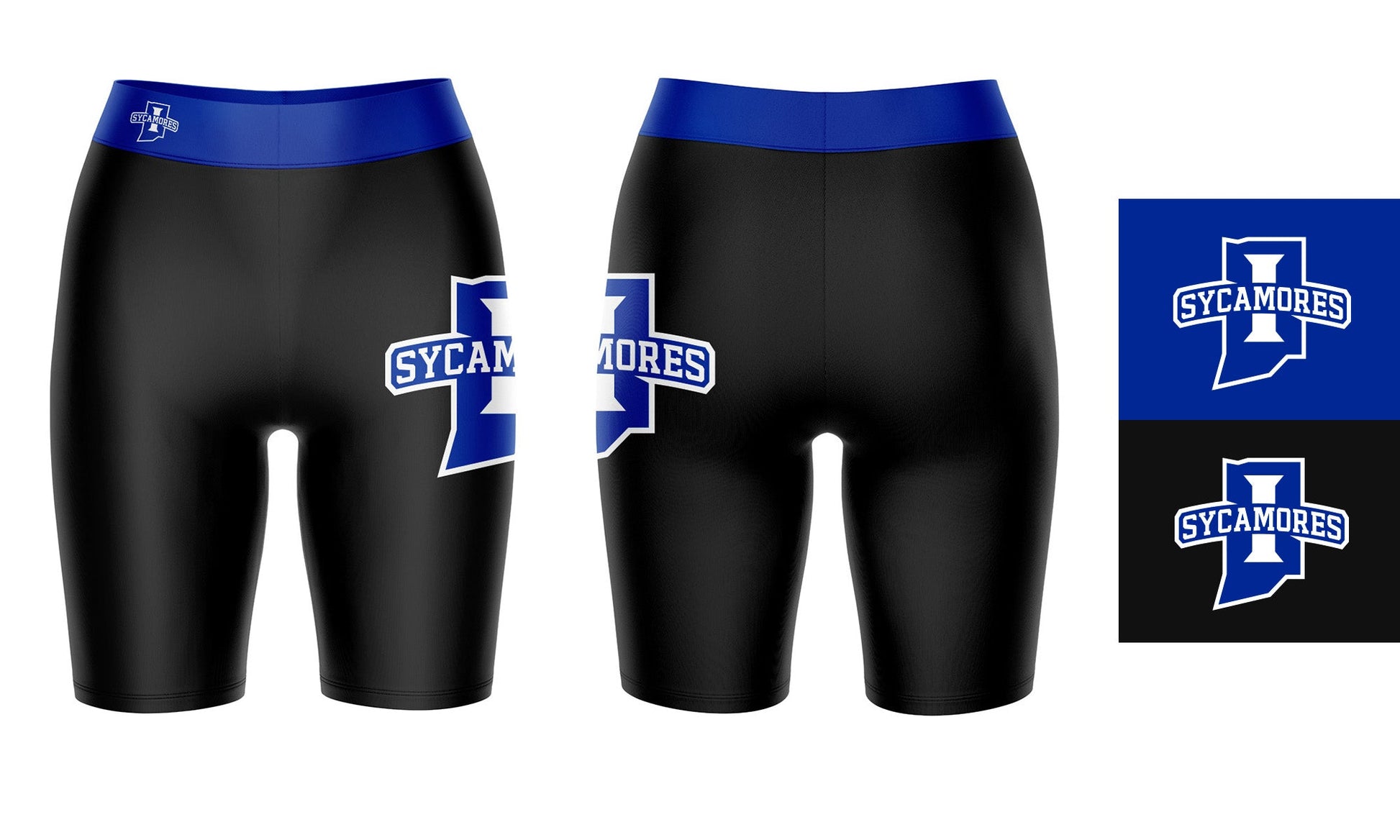 Indiana State Sycamores Vive La Fete Game Day Logo on Thigh and Waistband Black and Blue Women Bike Short 9 Inseam"