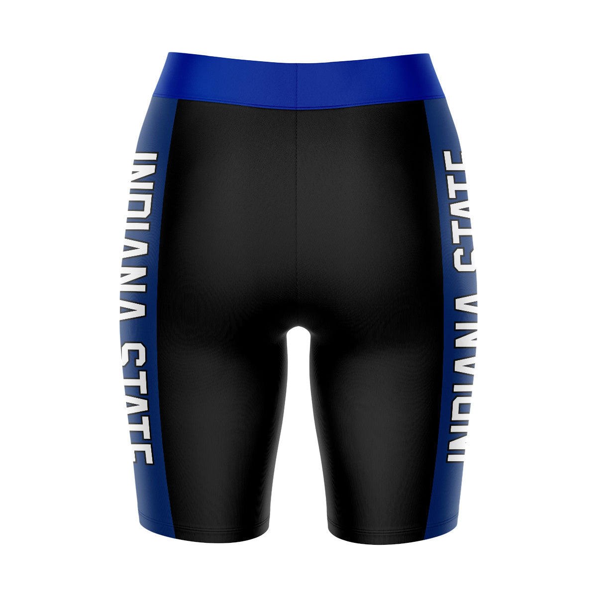 Indiana State Sycamores Vive La Fete Game Day Logo on Waistband and Blue Stripes Black Women Bike Short 9 Inseam