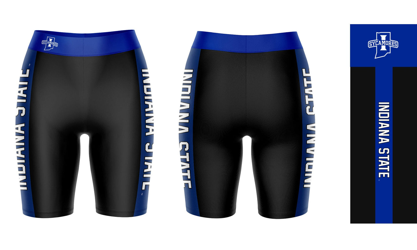 Indiana State Sycamores Vive La Fete Game Day Logo on Waistband and Blue Stripes Black Women Bike Short 9 Inseam