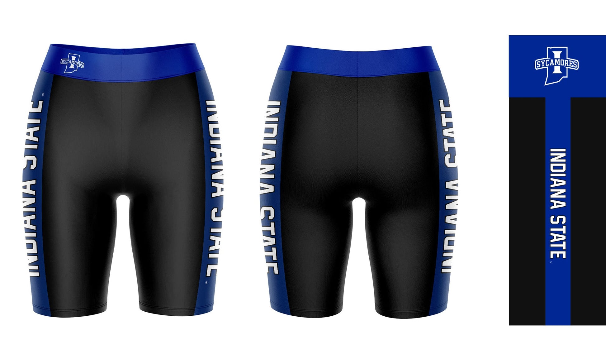 Indiana State Sycamores Vive La Fete Game Day Logo on Waistband and Blue Stripes Black Women Bike Short 9 Inseam