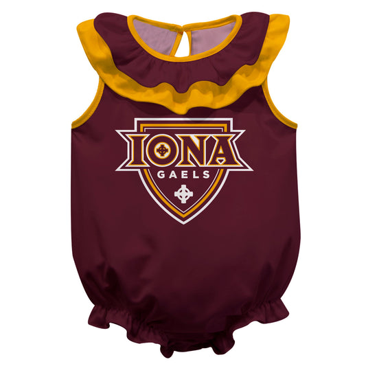 Iona College Gaels Maroon Sleeveless Ruffle One Piece Jumpsuit Logo Bodysuit by Vive La Fete