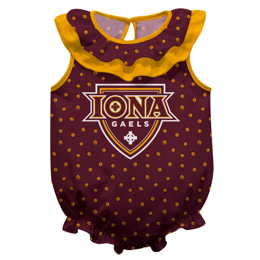 Iona College Gaels Swirls Maroon Sleeveless Ruffle One Piece Jumpsuit Logo Bodysuit by Vive La Fete