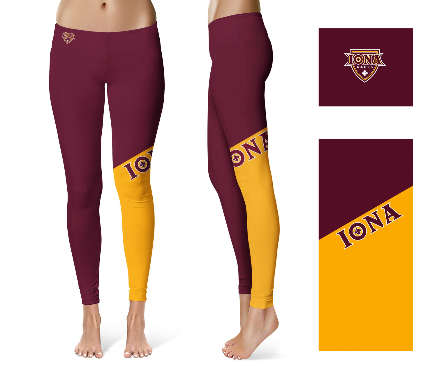 Iona Gaels Vive La Fete Game Day Collegiate Leg Color Block Women Maroon Gold Yoga Leggings