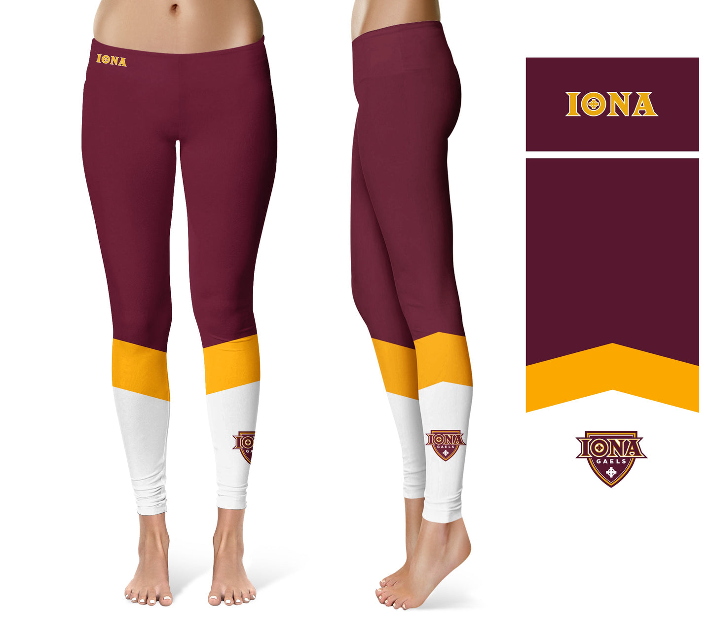 Iona College Gaels Vive La Fete Game Day Collegiate Ankle Color Block Women Maroon White Yoga Leggings