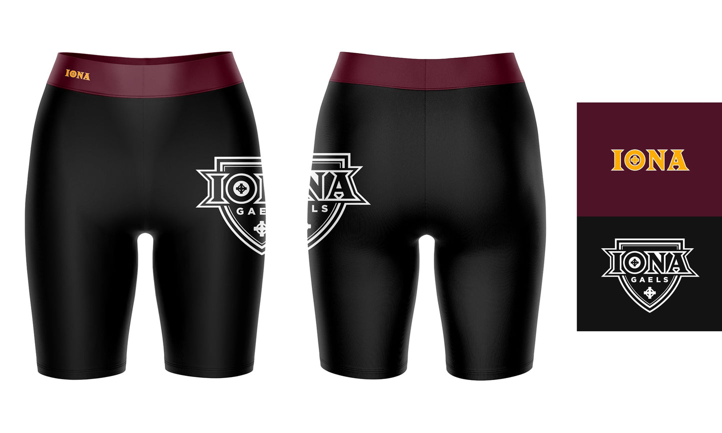Iona Gaels Vive La Fete Game Day Logo on Thigh and Waistband Black and Maroon Women Bike Short 9 Inseam