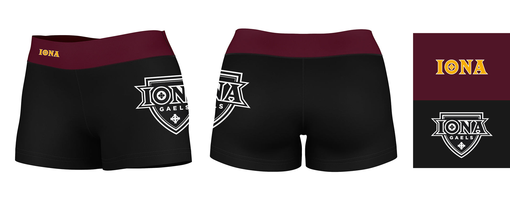 Iona Gaels Vive La Fete Logo on Thigh & Waistband Black & Maroon Women Yoga Booty Workout Shorts 3.75 Inseam - Vive La F̻te - Online Apparel Store