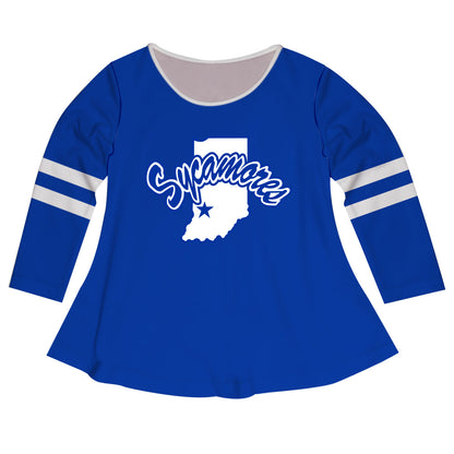 Indiana State University Big Logo Blue Stripes Long Sleeve Girls Laurie Top by Vive La Fete