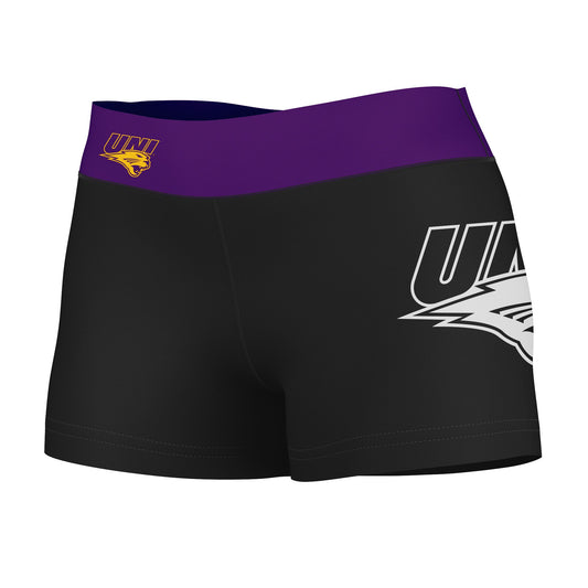 Northern Iowa Panthers Logo on Thigh and Waistband Black & Purple Women Yoga Booty Workout Shorts 3.75 Inseam"