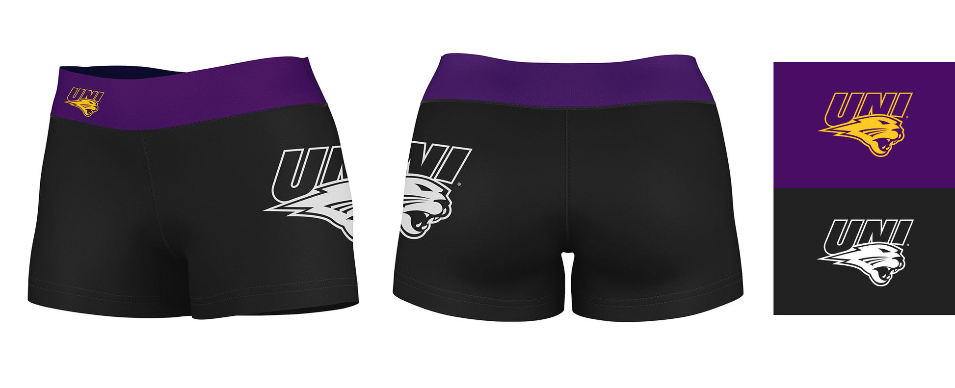 Northern Iowa Panthers Logo on Thigh and Waistband Black & Purple Women Yoga Booty Workout Shorts 3.75 Inseam" - Vive La F̻te - Online Apparel Store