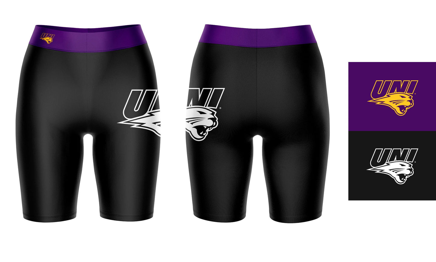 Northern Iowa Panthers Vive La Fete Game Day Logo on Thigh and Waistband Black and Purple Women Bike Short 9 Inseam"